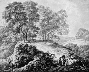 Landschaft mit Figuren und Weg zwischen hohen Bäumen