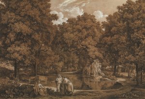 Arkadische Landschaft mit drei Figuren an einem See, 1792