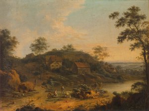 Hügelige Landschaft mit Bauernhäusern von Johann Christian Vollerdt or Vollaert