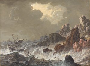Sturmgepeitschte Schiffe an einer felsigen Küste von Johann Christoph Dietzsch