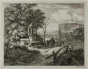 Holzsammler mit einem Jungen, Platte zwei aus Die zwei großen Landschaften mit den Betsäulen von Johann Christoph Erhard