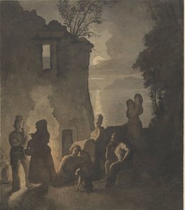 Rastende Savoyarden an einem Feuer am Ufer eines Sees bei Abend von Johann Conrad Seekatz