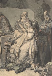 Eine Frau bei ihrer Toilette mit einer Magd, einem Jungen, einem Hund und einem jungen Soldaten, verso: Eine Skizze von Johann Eleazar Schenau