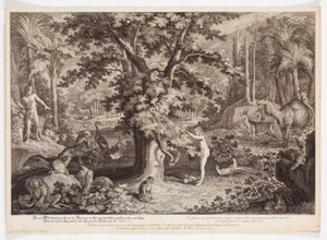 Eva pflückt den Apfel vom Baum der Erkenntnis von Johann Elias Ridinger