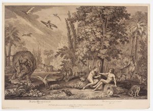 Eva reicht Adam den Apfel von Johann Elias Ridinger
