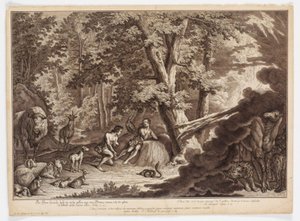 Gott entdeckt, dass Adam und Eva vom Baum der Erkenntnis gegessen haben von Johann Elias Ridinger
