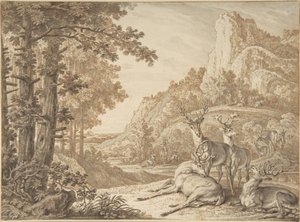 Hirsche in einer Landschaft von Johann Elias Ridinger