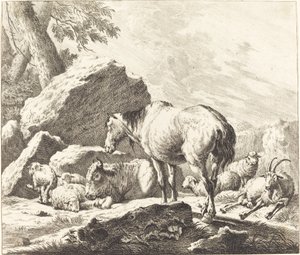 Ein Pferd, Büffel, Schafe und Ziege in einer italienischen Landschaft von Johann Elias Ridinger after Johann Heinrich Roos