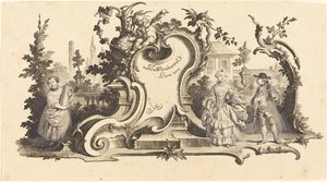Moderne Kartuschen verziert mit verschiedenen Figuren (Platte VI-1 aus dem Set) von Johann Esaias Nilson