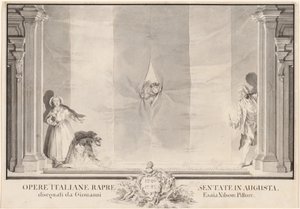 Zwei Schauspieler spähen durch einen Theatervorhang, während andere die Fußlichter vorbereiten von Johann Esaias Nilson