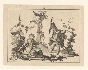 Zittende Frau mit einem stehenden Mann mit Pfeife auf einem Rokoko-Ornament