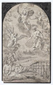 Heiliger bittet Christus, den Blitz nicht auf die Stadt Augsburg zu schleudern, ca. 1501-1600