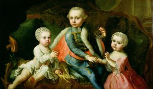 Drei Kinder auf einem Sofa sitzend, angeblich Mitglieder der Familie Esterhazy von Johann Georg Weikert