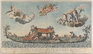 Die hochverzierte zweite Gondel von Francesco Antonio Berka, die Venedig betritt, Götter auf c..., 1700 von Johann Georg Wolfgang