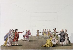 Letzte Szene des „Père de famille“ von Denis Diderot - Faksimile - Gravur nach einer Zeichnung von Ziesenis, Coutellier, in „Histoire generale illustree du theatre“ von Johann Georg Ziesenis