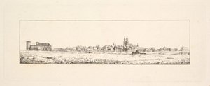 Ansicht einer alten Stadt mit einer Kirche und hohen Giebelhäusern