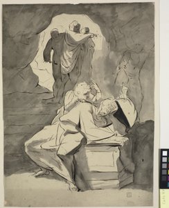 Ein Mann in Verzweiflung über einem Grabstein in einer Höhle mit anderen Figuren