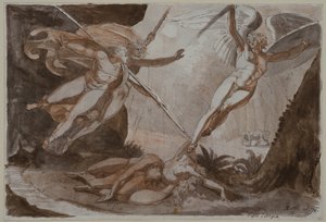 Satan von Ithuriels Speer berührt von Johann Heinrich Füssli