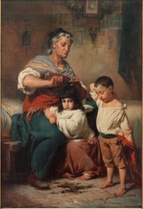 Großmutter, ihren Enkeln die Haare schneidend von Johann Heinrich Hasselhorst