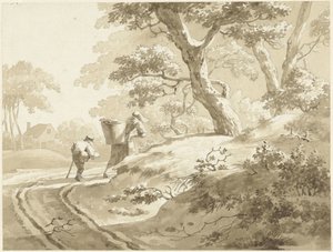Landschaft mit Frau und Junge auf einem Landweg von Johann Heinrich Keller (II) (possibly)