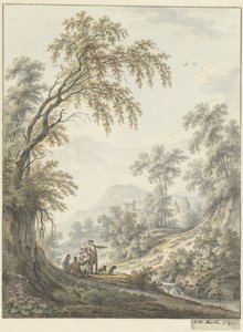 Landschaft mit Wasserfall und in der Ferne ein Schloss von Johann Heinrich Muntz