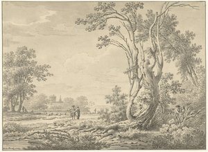 Südliche Landschaft mit Schloss, Vieh und Spaziergängern