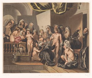 Abdes entdeckt einen jungen Mann unter entkleideten Nonnen von Johann Heinrich Ramberg