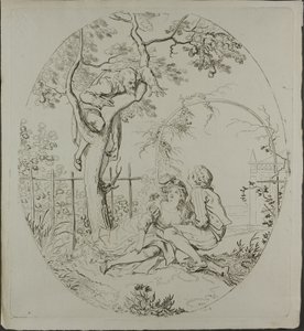 Bärtiger Mann, der Liebende unter einem Laubengang ausspioniert von Johann Heinrich Ramberg