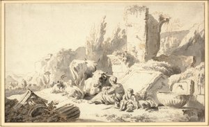 Ein Viehtreiber mit seiner Familie und Vieh neben klassischen Ruinen von Johann Heinrich Roos
