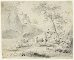 Landschaft mit Hirte und Schafen, Ziege, Rindern