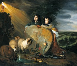 Selbstporträt (?) mit seiner Frau und Symbolen des christlichen Glaubens von Johann Heinrich Roos