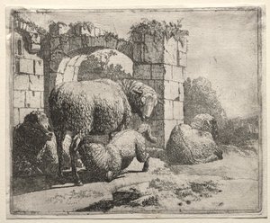 Schafe in der Nähe der Ruinen eines Bogens
