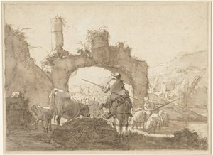 Zwei Hirten treiben ihr Vieh durch einen Fluss von Johann Heinrich Roos
