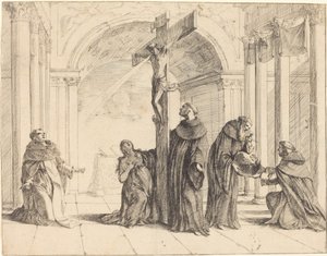 Ein Kruzifix in einer Kirche mit den Heiligen Thomas von Aquin, Maria Magdalena, Albertus Magnus und anderen von Johann Heinrich Schönfeld