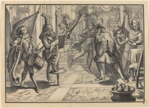 Mezzetin und Harlekin, verkleidet als der Kapitän, stören Pantaloons Abendessen von Johann Jacob Schubler