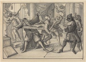 Mezzetin und Harlekin benutzen den Bilderrahmen, um Pantaloon und Pierrot zu fangen von Johann Jacob Schubler