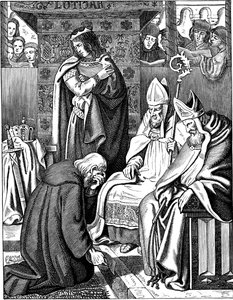 Ludwig der Fromme macht Buße in Attigny im Jahr 822 Illustration aus der Geschichte des deutschen Volkes von E. Duller, 1840