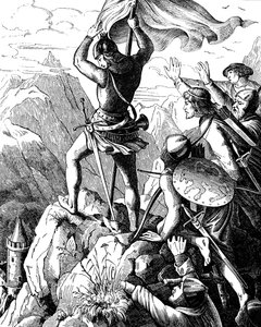 Otto I. von Bayern verhindert eine Niederlage des Kaisers bei Verona, Illustration aus der Geschichte des deutschen Volkes von E. Duller, 1840