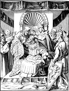 Die Abdankung von Kaiser Heinrich IV. in Ingelheim, Illustration aus der Geschichte des deutschen Volkes von E. Duller, 1840