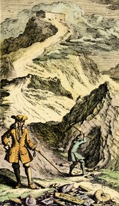 Paläontologie: Der Schweizer Naturforscher Johann Jakob Scheuchzer (1672-1733) entdeckte in den Schweizer Bergen die Spuren der universellen Sintflut dank Fossilien. Gravur aus „Museum Diluvianum“