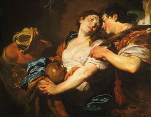 Ein reuiger Sünder wendet sich von der Versuchung ab und wird von einem Engel mit einer Palme der Erlösung belohnt von Johann Liss or Lis or von Lys