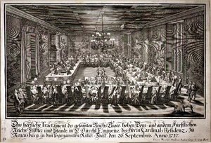 Bankett in der Königshalle im Palast des Kardinals von Regensburg, 26. September 1717 von Johann Matthias and Geyer Andreas Steidlin