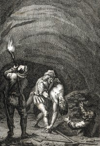Tod von Wilhelm II. von Holland, getötet von den Friesen, die ihn heimlich unter dem Boden eines Hauses begruben, Gravur von Johann Michael Mettenleiter (1765-1853), 1800, Privatsammlung