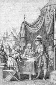 Kaiser Ludwig IV. (1282-1347) von Bayern mit seinen Offizieren in der Schlacht bei Mühldorf am 28. September 1322. Gravur von Johann Michael Mettenleiter von Johann Michael Mettenleiter
