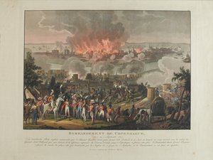 Bombardierung von Kopenhagen, 2.-5. September 1807, farbige Aquatinta von und nach J. Laurent Rugendas, veröffentlicht von J. Laurent Rugendas, Augsburg, 1807 von Johann Moritz Rugendas