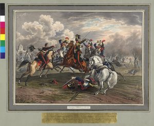 Frederic Dittmayer Rettung am 17. Februar 1814 in Villeneuve, Oberst Sergeant Baron von Trach aus der Gefangenschaft französischer Kürassiere von Johann Nepomuk Hoechle