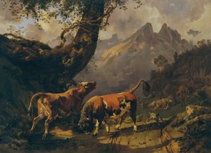 Stier, eine Kuh verfolgend, im Hintergrund Landschaft bei Carrara von Johann Nepomuk Rauch