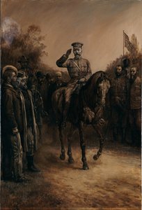 General Lord Kitchener grüßt beim Vorbeireiten an Burenführern, die ihre Hüte abnehmen, 1902 von Johann Nepomuk Schonberg