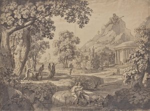 Klassische Landschaft mit einem Tempel, auf einem Berg ein Riese
