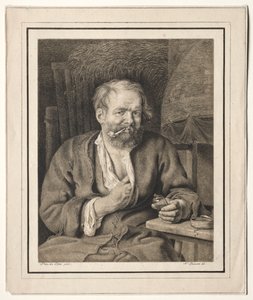 Bauer sitzt an einem Tisch und raucht eine Pfeife